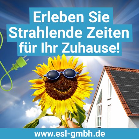 Sonnige Jahreszeiten mit lächelnder Sonnenblume und Haus, werbender Text und Website.